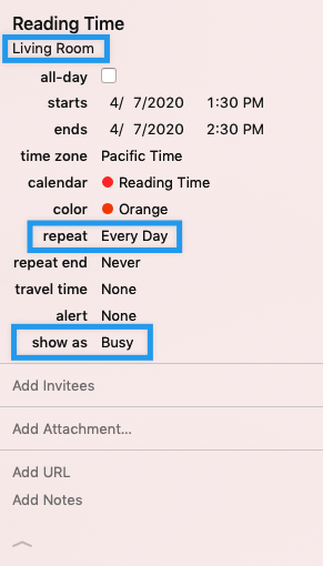 My personal reading schedule - notice the highlighted fields.